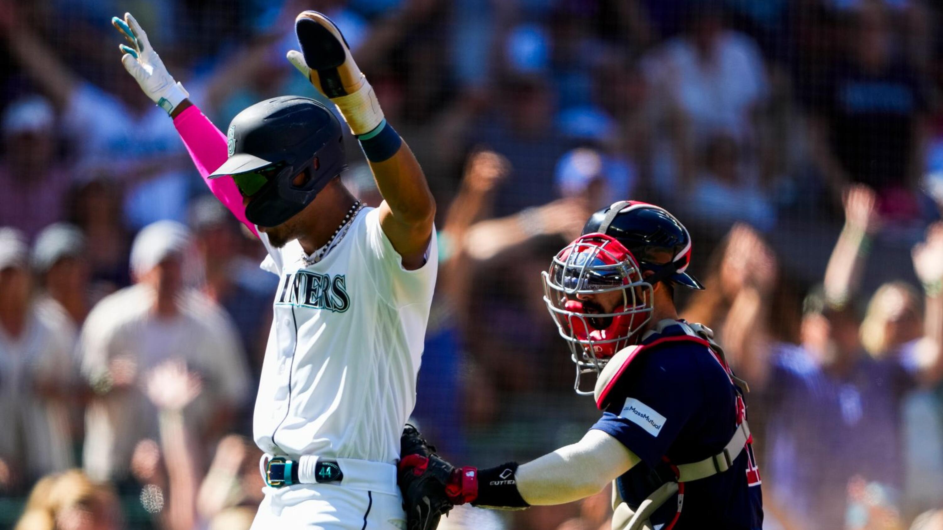 Julio Rodriguez of the Seattle Mariners celebrates his two-run