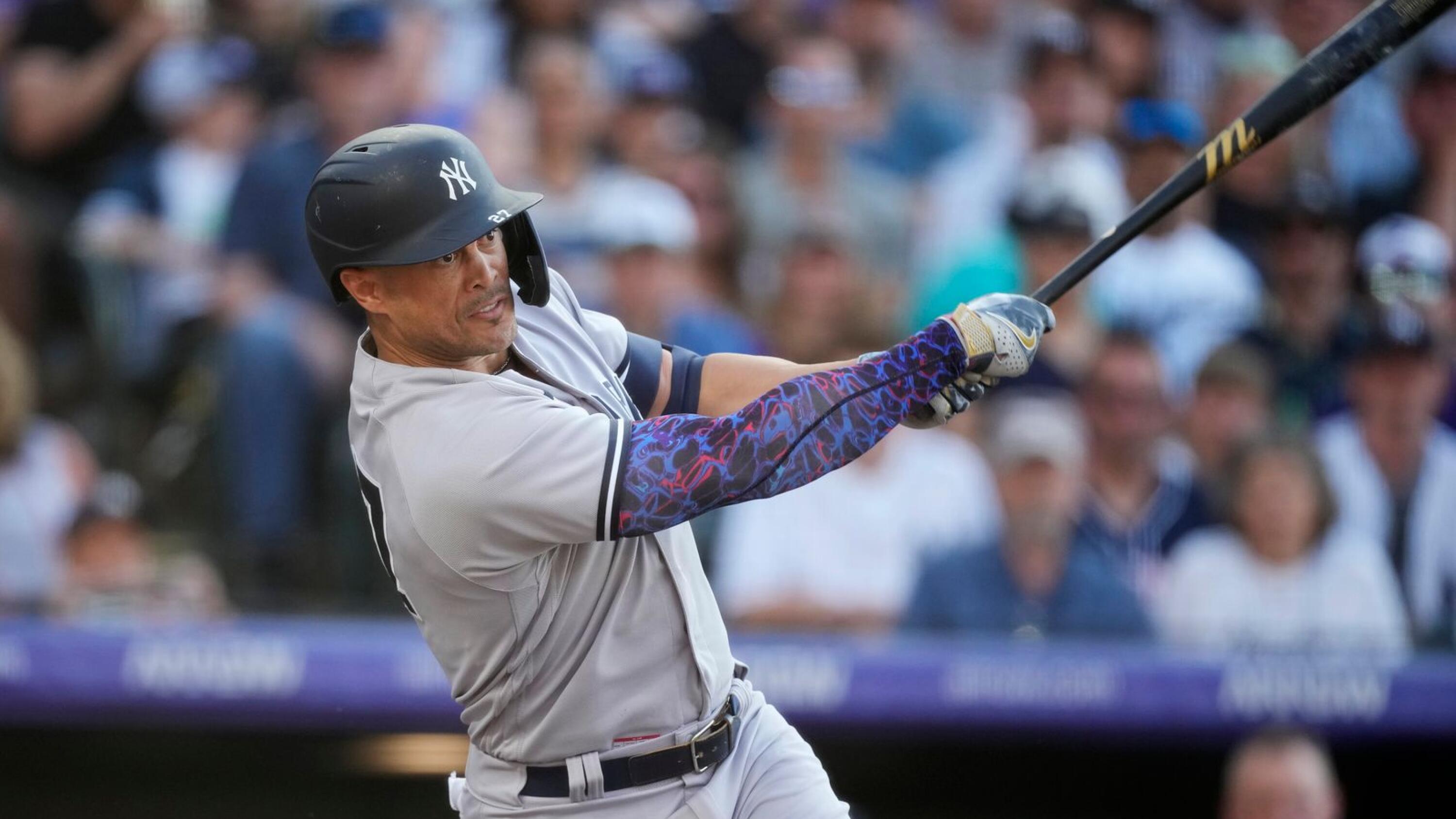 Giancarlo Stanton of the New York Yankees swings the bat during