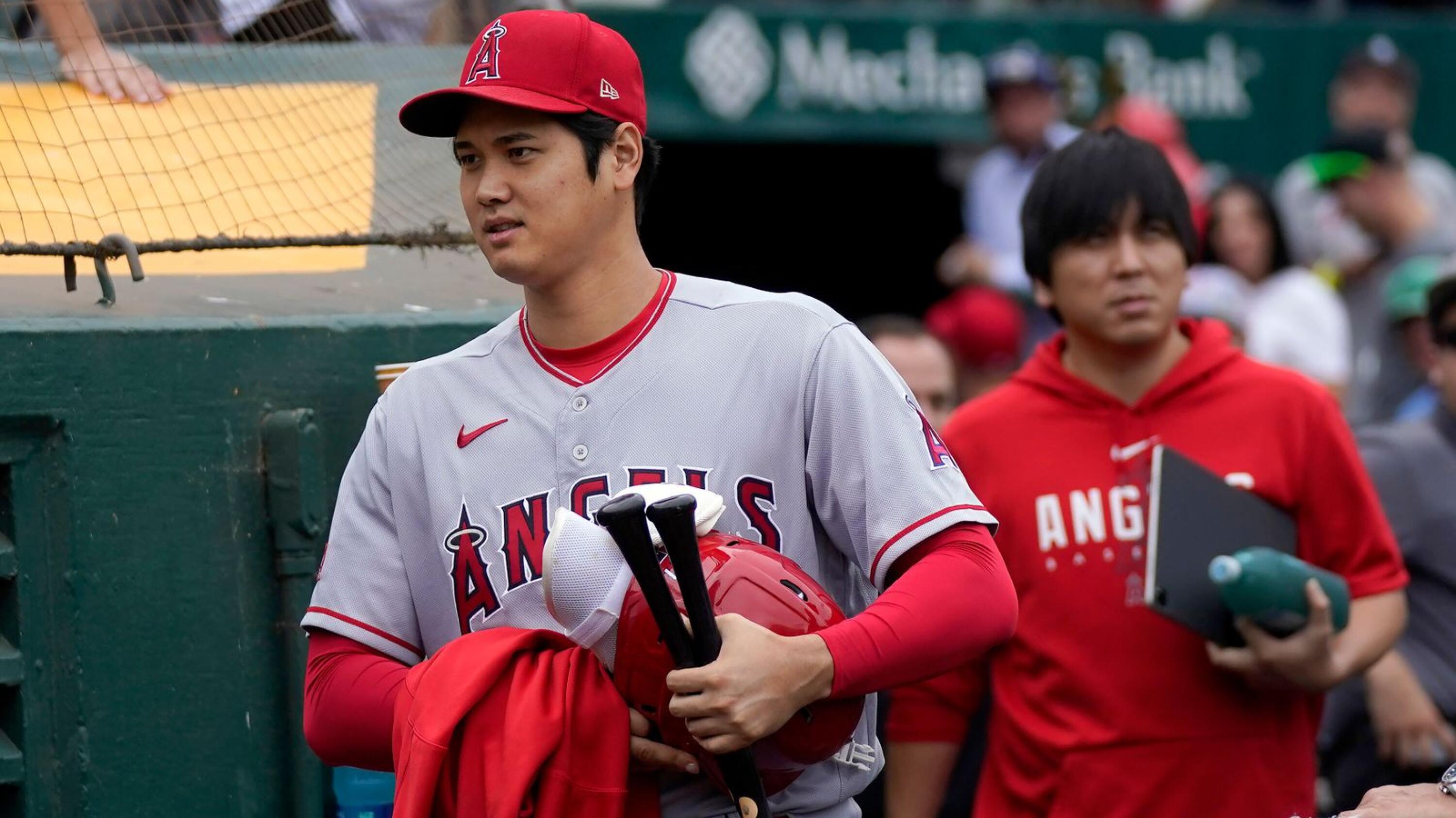 Shohei Ohtani of the Los Angeles Angels after walking against the