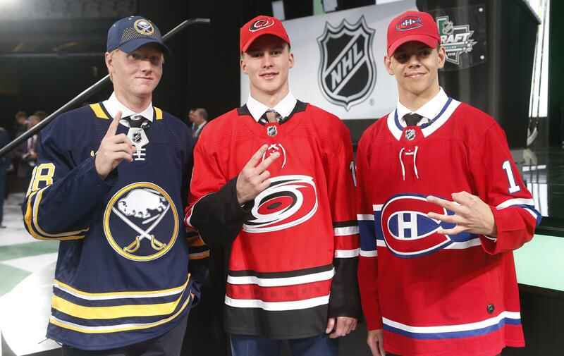 Andrei Svechnikov, of Russia, wears a jersey after being selected by the Carolina  Hurricanes during the NHL hockey draft in Dallas, Friday, June 22, 2018.  (AP Photo/Michael Ainsworth)
