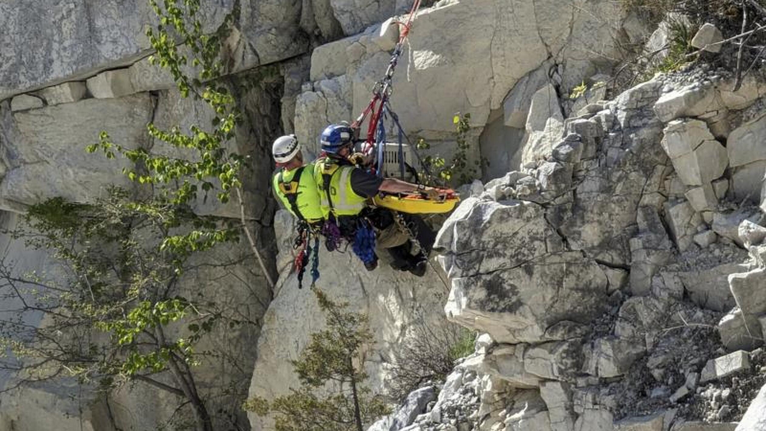 Rope team rappels down into a rock quarry to rescue a mutt named Rippy